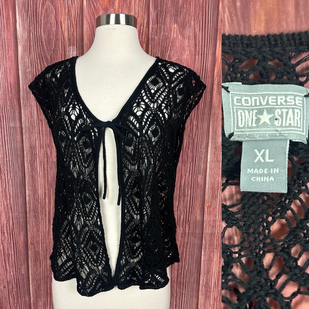 Converse One Star Y2K Crochet Open knit Top Tie Front Cap Sleeve Black Size XL